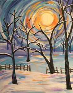 an acrylic painting of trees in the snow with a sun setting behind them