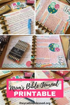 the mom's bible journal printable is shown in four different pictures and includes pens,