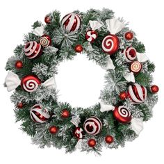 a christmas wreath with red and white ornaments