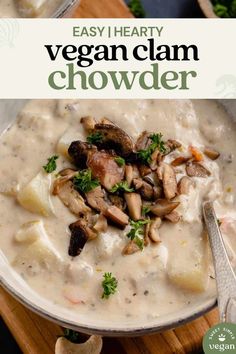 a bowl of vegan clam chowder with mushrooms and parsley on the side