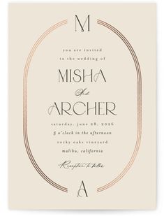 an elegant wedding card with the letter m in gold and black ink on white paper