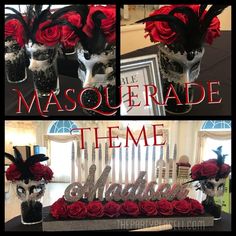 three pictures with red roses in vases and the words masqueradee