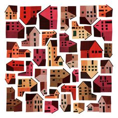 a group of houses that are in the middle of a white background with red and orange colors