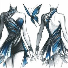 a drawing of two women in dresses with butterflies on their back and one woman's dress