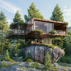 a house on top of a rock surrounded by trees