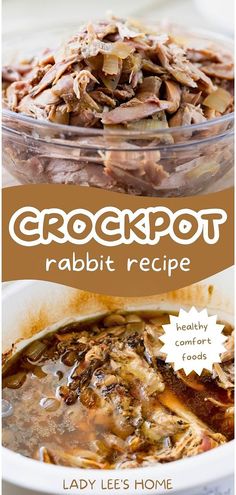 crockpot rabbit recipe in a bowl with text overlay