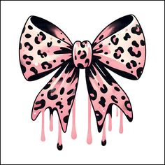 a pink and black bow with leopard print on the front, dripping down from it