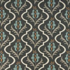 an image of a wallpaper pattern with blue and brown flowers on grey grounding