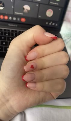 Short Straight Nails, Valentines Nails Short Square, Red Nails Simple, Red Heart Nails, Uñas Coquette, Beauty Hacks Nails, Hello Nails, Hippie Nails