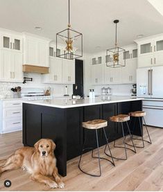 a dog laying on the floor in front of a kitchen island with three stools