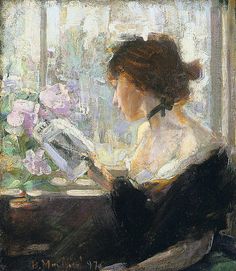 a painting of a woman sitting in front of a window