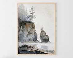 a watercolor painting of trees on the edge of a cliff by the ocean in front of a white wall