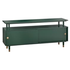 a green entertainment center with two drawers and brass handles on the bottom, in front of a white background