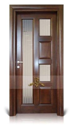 a wooden door with glass panels and a key on the handlebars, in front of a white background