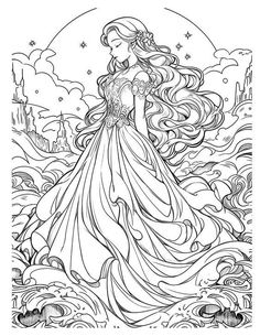 an adult coloring page with a princess in the sky and castle behind her, surrounded by clouds