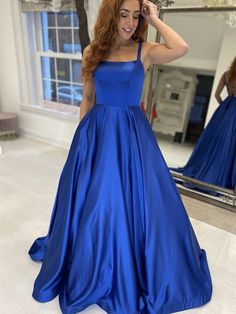 Simple Royal Blue Satin Long Prom Dresses, Royal Blue Formal Graduation Evening Dresses Royal Blue A-line Evening Dress For Prom, Blue A-line Sleeveless Dress For Wedding, Formal Blue A-line Evening Dress, Blue A-line Dress With Sweep Train, Royal Blue Sleeveless Satin Dress, Blue A-line Gown With Fitted Bodice, Fitted Blue Satin Sleeveless Dress, Blue Sleeveless Gown For Banquet, Blue A-line Evening Dress