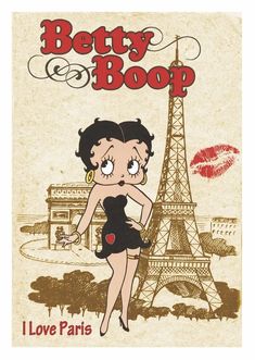 betty boop in front of the eiffel tower with lipstick on her lips