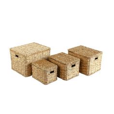 three wicker baskets with handles on each side and two smaller ones in the middle