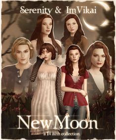 the poster for new moon, featuring four women in different outfits and one is holding her hand up to her ear