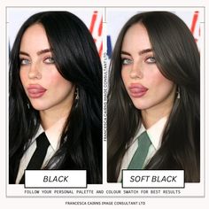 two pictures of a woman with long black hair