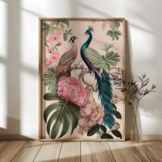 a painting on a wall with flowers and two peacocks