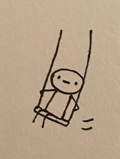 a drawing of a person hanging upside down on a rope with one hand in the air