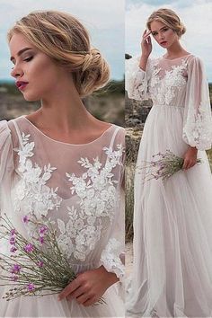 a woman wearing a white dress with sheer sleeves and flowers in her hair, while she is