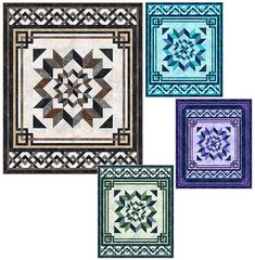 four quilts with different designs on them