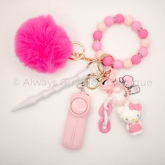 Hello Kitty Charm Safety Keychain without Pepper Spray Silicone Bead Wristlet, Safety Keychain, Hello Kitty Charm, Hello Kitty Keychain, Personal Safety, Pink Faux Fur, Bangle Bracelets With Charms, Faux Fur Pom Pom, Dream Lifestyle