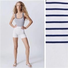 Zara Limitless Contour Collection Seamless Bodysuit Shorts White Navy Size M-L Nwt White Sleeveless Seamless Bodysuit, White Summer Tank Top For Loungewear, Summer Elastane Tank Top, Summer Stretch Seamless Bodysuit, Stretch Seamless Summer Bodysuit, White Seamless Bodysuit For Summer, White Stretch Swimwear Short Length, White Seamless Summer Bottoms, Seamless One-piece Tank Top For Summer