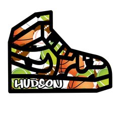 a pair of shoes with the word hudson written on it and basketballs all over them