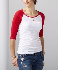 Look at this #zulilyfind! White & Red Raglan Tee - Plus Too #zulilyfinds White Crewneck, Weekend Wardrobe, Raglan Tee, Shades Of Purple, Three Quarter Sleeves, Style Me, Top Styles, Black Jeans