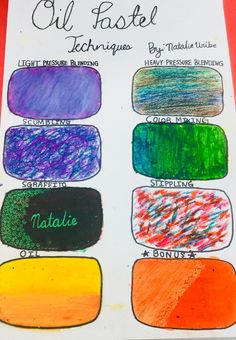 an art project with different colored crayons and writing on the paper that says oil paste