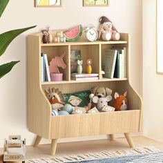 a book shelf with stuffed animals and books on it in a child's room