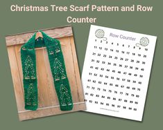 christmas tree scarf pattern and row counter with the numbers 1 - 10 on it, next to a calendar