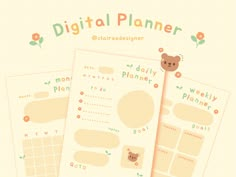 three printable planner pages with teddy bear stickers on them and the words, digital planner