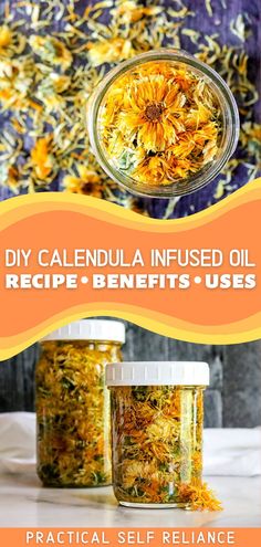 dried calendula flowers infusing in oil within a mason jar Flower Infused Oil, Tinctures Recipes