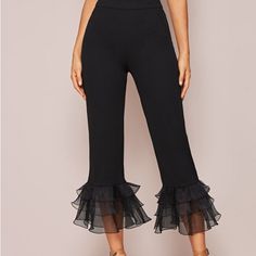 Brand New Ruffled Bottoms For Night Out In Fall, Trendy Ruffled Bottoms For Workwear, Black Ruffle Pants, Fall Pants, Shein Pants, Zipper Pants, Ruffle Pants, How To Hem Pants, Women Pants