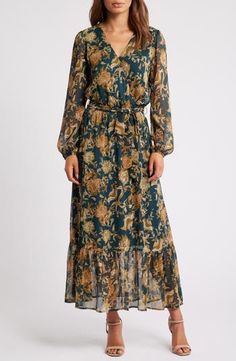 Chelsea28 Long Sleeve Faux Wrap Dress | Nordstrom Semi Formal Dresses For Wedding, Outdoor Wedding Guest Dresses, Flowy Chiffon Dress, Floral Dress Wedding Guest, Sunday Dresses, Wedding Outfits For Women, Rustic Dresses, Fall Floral Dress, Fall Wedding Guest Dress