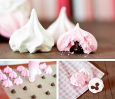 there are several pictures of different types of desserts on the table, including pink and white icing