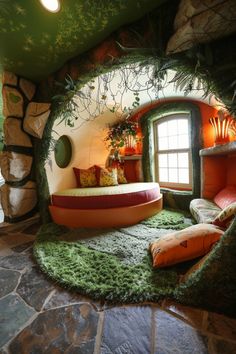 a living room filled with lots of green furniture