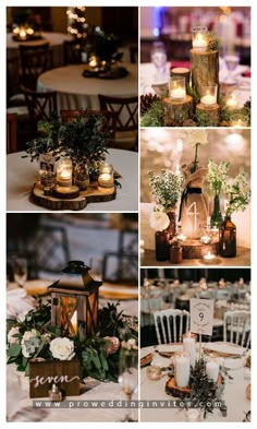 wedding decorations and candles are arranged on the tables in this collage, which includes white flowers and greenery