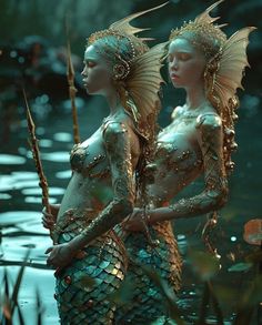 two women dressed as mermaids standing in the water with their backs to each other