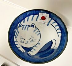 a blue and white plate with a cat on it's side hanging from the ceiling