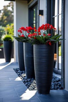 three large black vases with red flowers in them on the side of a building