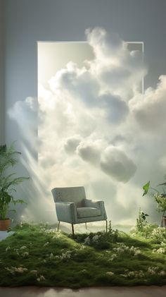 a chair sitting in the middle of a room with grass on the floor and clouds above