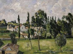 a painting of houses and trees in a field