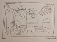 a drawing of a bedroom with a bed and desk