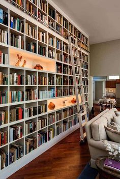 a living room filled with lots of books and furniture next to a wall covered in shelves