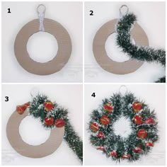 four pictures showing how to make a christmas wreath